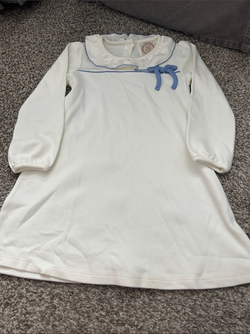 Cream Long Sleeve Baby Dress with Blue Trim & Bow